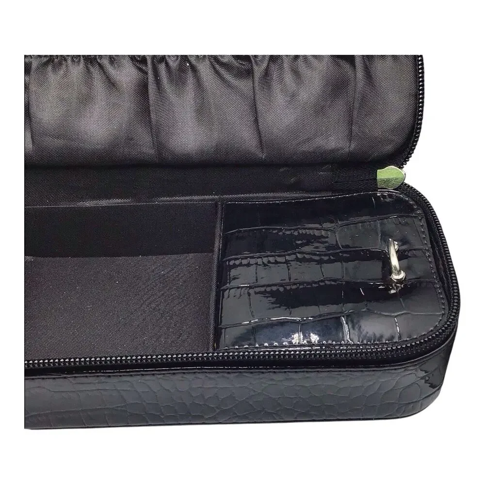 Liz Claiborne Black Faux Snakeskin Travel Jewelry Case Zipper Organizer